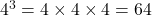  4^3 = 4 \times 4 \times 4 = 64 