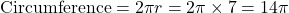  \text{Circumference} = 2\pi r = 2\pi \times 7 = 14\pi 